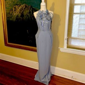RARE VERSACE Authentic long blue Queen of hearts backless halter dress w/pockets